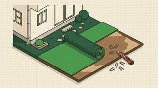 家のそばの庭で人工芝のロールを広げている途中、U字ピンとカッターの線画