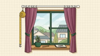 カーテンレールに掛けた2枚のカーテンと、レールから下げたメジャーの線画