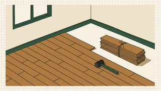 張りかけのフローリングと、束ねた床材、ゴムハンマーの線画