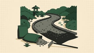 庭の小道に砂利を敷いている途中、砂利の袋とレーキの線画