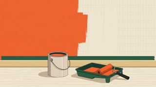 半分だけオレンジに塗った壁と、塗料缶、ローラーの載ったトレイの線画