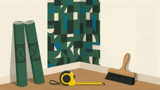 壁紙のロール2本と、貼りかけの柄壁紙、メジャーと撫でバケの線画